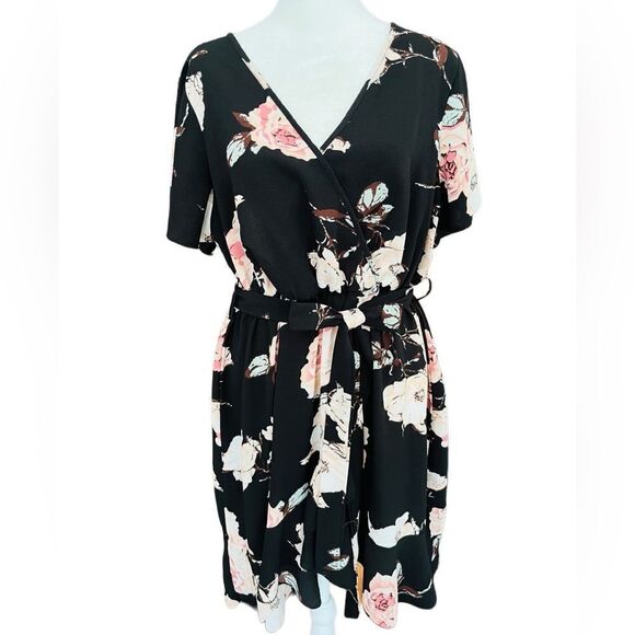 SHEIN black floral faux wrap style dress, hi-low ruffle hem & flutter sleeve 0X - Picture 1 of 8